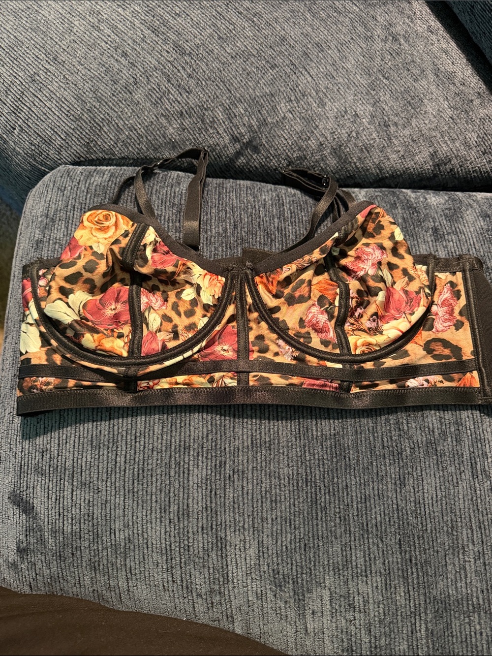Floral Leopard Longline Underwire Bra in Rose and Black